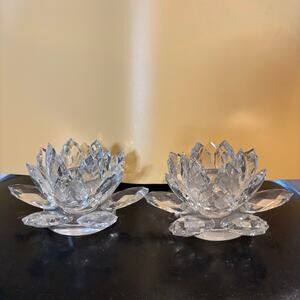 Shannon Crystal Lotus Flower Candle Holders Pair Clear Faceted Glass Tealight